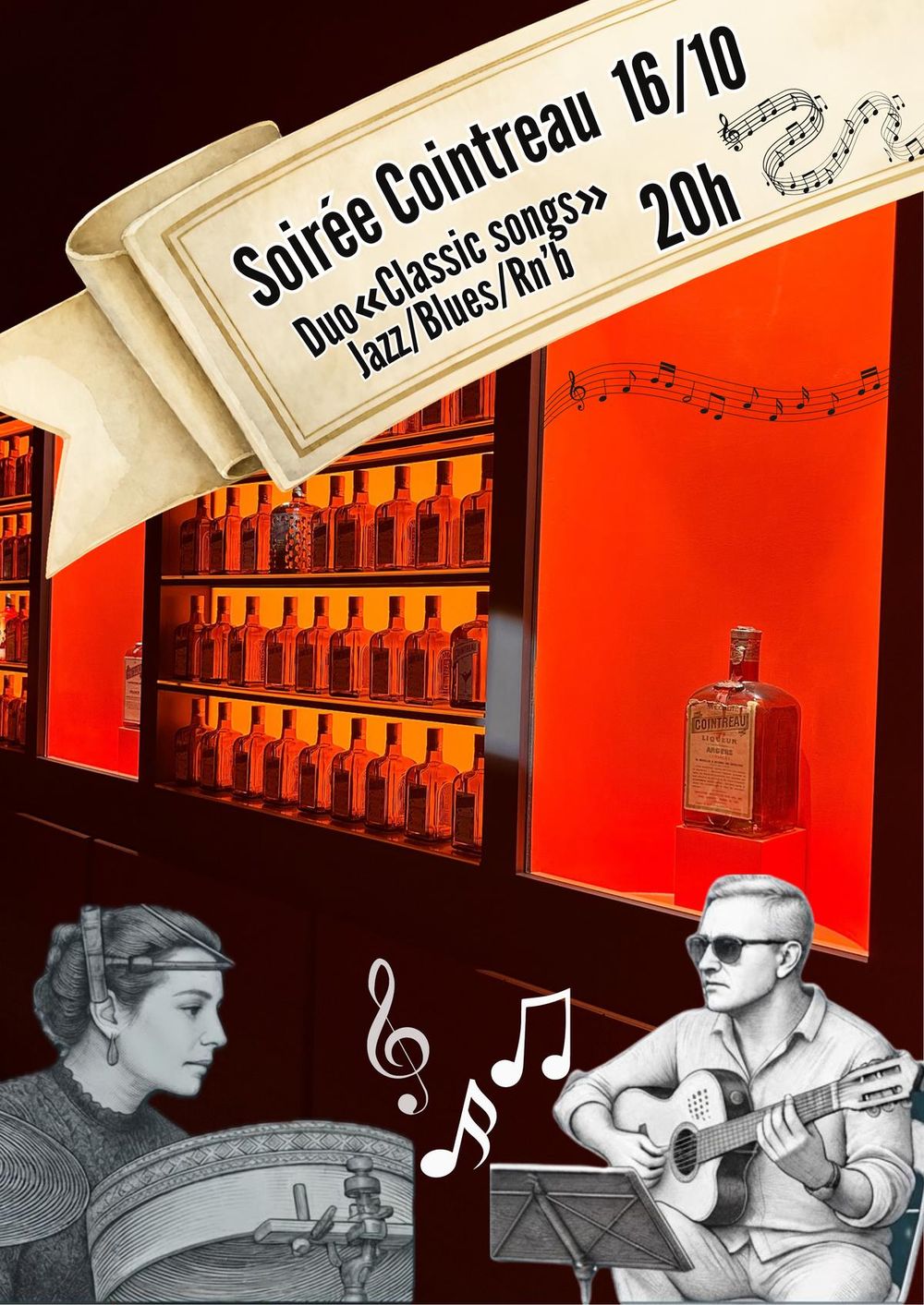 Photo de l'affiche de la soirée Cointreau du vendredi 16 octobre chez Avvinà, concert live du duo Classic songs, restaurant et bar à vin à Angers